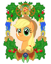 Size: 4800x6000 | Tagged: safe, artist:template93, applejack, earth pony, pony, absurd resolution, apple, apple fritter (food), bust, cider, clothes, dress, element of honesty, frame, gala dress, pie, portrait, solo