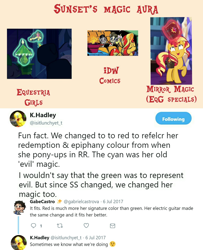 Size: 1464x1800 | Tagged: safe, idw, sunset shimmer, equestria girls, equestria girls (movie), mirror magic, spoiler:eqg specials, answer, comparison, katrina hadley, magic, magic aura, meta, text, twitter