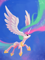 Size: 899x1200 | Tagged: safe, artist:ajvl, princess celestia, alicorn, pony, crown, flying, horseshoes, jewelry, majestic as fuck, peytral, regalia, smiling, solo, spread wings, wat, wing ears