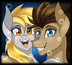 Size: 1000x900 | Tagged: safe, artist:derpsonhooves, derpy hooves, doctor whooves, earth pony, pegasus, pony, bubble, bust, happy, portrait, smiling