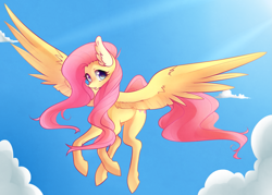 Size: 1933x1381 | Tagged: safe, artist:raponee, fluttershy, pegasus, pony, cloud, crepuscular rays, ear fluff, female, flying, looking at you, mare, sky, solo, spread wings, wings