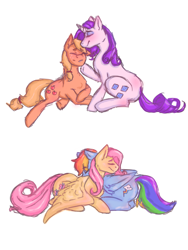 Size: 960x1280 | Tagged: safe, artist:boyslushie, derpibooru import, applejack, fluttershy, rainbow dash, rarity, earth pony, pegasus, pony, unicorn, blushing, cute, cutie mark, daaaaaaaaaaaw, dashabetes, eyes closed, female, flutterdash, jackabetes, lesbian, mare, nuzzling, prone, raribetes, rarijack, shipping, shyabetes, simple background, sitting, smiling, white background