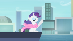 Size: 1280x720 | Tagged: safe, screencap, rarity, pony, unicorn, rarity takes manehattan, city, cityscape, clothes, female, manehattan, mare, scarf, solo