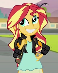 Size: 783x991 | Tagged: safe, edit, edited screencap, editor:leonidus, screencap, sunset shimmer, equestria girls, friendship games, backpack, bag, clothes, cute, grin, happy, jacket, leather jacket, shimmerbetes, smiling, solo