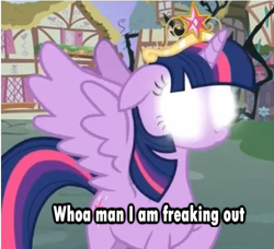 Size: 509x465 | Tagged: safe, derpibooru import, twilight sparkle, twilight sparkle (alicorn), alicorn, pony, princess twilight sparkle (episode), big crown thingy, female, freakout, glowing eyes, image macro, mare, solo