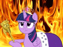 Size: 1000x750 | Tagged: safe, derpibooru import, twilight sparkle, twilight sparkle (alicorn), alicorn, pony, princess twilight sparkle (episode), big crown thingy, clothes, exploitable meme, female, fire, hell, mare, robe, solo, twilight scepter