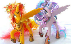 Size: 302x186 | Tagged: safe, artist:lightningsilver-mana, starlight glimmer, sunset shimmer, alicorn, pony, g4, brony, brony convention, craft, custom, feather, handmade, irl, my little pony, paint, painted, photo, toy, unipeg