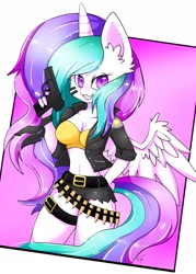 Size: 1657x2311 | Tagged: safe, artist:teranen, princess celestia, anthro, ammunition belt, bandolier, belly button, belt, bullet, cleavage, clothes, ear fluff, face paint, female, grin, gun, huge ears, jacket, looking at you, midriff, shorts, smiling, solo, trigger discipline, weapon, wild westia, wing fluff