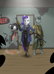 Size: 822x1130 | Tagged: safe, artist:metal-kitty, rarity, anthro, robot, unguligrade anthro, bar, beard, bowler hat, clothes, codsworth, crossover, fallout, fallout 4, gun, hat, maccready, mister handy, optical sight, pipboy, pistol, rifle, sniper rifle, weapon