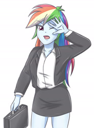 Size: 1390x1885 | Tagged: safe, artist:sumin6301, derpibooru import, rainbow dash, equestria girls, business suit, clothes, female, miniskirt, simple background, skirt, skirt suit, solo, suit, suitcase, white background