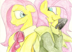 Size: 1024x748 | Tagged: safe, artist:theraincatsduo, fluttershy, anthro, clothes, dr jekyll and mr hyde, duality, traditional art