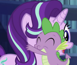 Size: 640x545 | Tagged: safe, edit, edited screencap, editor:undeadponysoldier, screencap, spike, starlight glimmer, dragon, pony, unicorn, adorable face, book, bookshelf, castle, cropped, cute, daaaaaaaaaaaw, eyes closed, female, glim glam, happy, hug, library, male, mare, open mouth, shipping, smiling, sparlight, straight