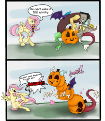 Size: 740x851 | Tagged: safe, artist:chromaflow, discord, fluttershy, pegasus, pony, 2spooky, comic, halloween, jack-o-lantern, nightmare night, pumpkin, scared