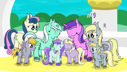 Size: 4244x2387 | Tagged: safe, artist:dinkyuniverse, amethyst star, bon bon, boysenberry, chirpy hooves, crackle pop, derpy hooves, dinky hooves, liza doolots, lyra heartstrings, petunia, sassaflash, sea swirl, seafoam, sparkler, sweetie drops, tootsie flute, earth pony, pegasus, pony, unicorn, absurd resolution, bread, canterlot, chest fluff, colt, derpystardink family, dinkyflute, family, female, filly, food, gathering, happy, hug, implied lesbian, implied shipping, lesbian, lyrabontoots family, male, sassaswirl, sassaswirlberry family, shipping, that pony sure does love crackle pop, toast, tower, unshorn fetlocks