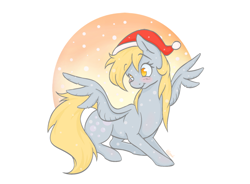 Size: 1024x755 | Tagged: safe, artist:eternalsubscriber, derpy hooves, blushing, christmas, hat, holiday, santa hat, smiling, snow, solo, spread wings, wings