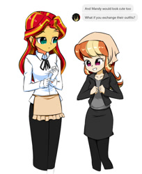 Size: 609x746 | Tagged: safe, artist:twilite-sparkleplz, sunset shimmer, oc, oc:mandarine mélange, equestria girls, clothes, clothes swap, female, gloves, simple background, smiling, white background