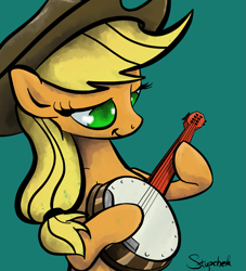 Size: 1391x1530 | Tagged: safe, artist:stupchek, applejack, earth pony, pony, banjo, musical instrument, simple background, solo