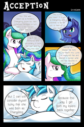 Size: 1500x2268 | Tagged: safe, artist:vavacung, princess celestia, princess luna, oc, oc:liberty wing, oc:paper mache, alicorn, pony, comic:to love alicorn, comic, dialogue, speech bubble