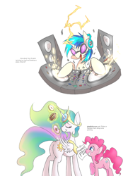 Size: 1280x1613 | Tagged: safe, artist:mlpanon, dj pon-3, pinkie pie, princess celestia, vinyl scratch, alicorn, earth pony, pony, unicorn, plot, simple background, sunbutt, this will end in tears and/or a journey to the moon, this will end in weight gain, white background
