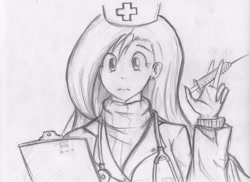 Size: 7019x5100 | Tagged: safe, artist:oyedraws, fluttershy, human, absurd resolution, clothes, doctor, humanized, monochrome, sketch, solo, sweater, sweatershy, traditional art, turtleneck