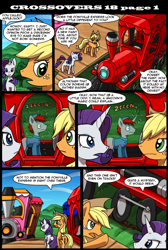 Size: 800x1194 | Tagged: safe, artist:kitfox-crimson, applejack, rarity, earth pony, pony, unicorn, comic:transformers vs my little pony, autobot, comic, crossover, hologram, train, transformers