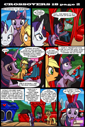 Size: 800x1200 | Tagged: safe, artist:kitfox-crimson, applejack, rarity, twilight sparkle, earth pony, pony, unicorn, comic:transformers vs my little pony, adorkable, comic, crossover, cute, dork, microscope, train, transformers, twiabetes