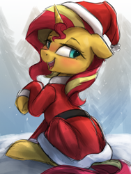 Size: 2250x3000 | Tagged: safe, artist:vanillaghosties, sunset shimmer, pony, unicorn, atg 2018, christmas, clothes, costume, cute, female, floppy ears, hat, high res, holiday, lidded eyes, looking back, newbie artist training grounds, open mouth, raised hoof, santa claus, santa hat, shimmerbetes, sitting, snow, solo, sunset santa