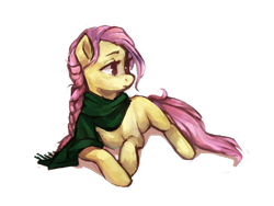 Size: 1400x1050 | Tagged: safe, artist:johling, fluttershy, pegasus, pony, alternate hairstyle, braid, clothes, prone, scarf, simple background, solo, transparent background