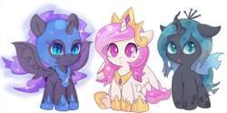 Size: 1280x640 | Tagged: safe, artist:zokkili, nightmare moon, princess celestia, queen chrysalis, alicorn, changeling, changeling queen, pony, alicorns, blue eyes, cewestia, chibi, cute, cutealis, cutelestia, eyeshadow, female, filly, heart hair, helmet, horn, looking at you, makeup, moonabetes, nightmare woon, pink eyes, pink mane, pink-mane celestia, purple mane, simple background, sitting, sparkly eyes, sparkly mane, spread wings, teal eyes, teal mane, tiara, white background, wings, woona, younger