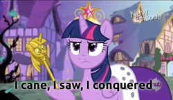 Size: 1238x720 | Tagged: safe, derpibooru import, twilight sparkle, twilight sparkle (alicorn), alicorn, pony, princess twilight sparkle (episode), female, image macro, julius caesar, mare, meme, solo, twilight scepter, veni vidi vici