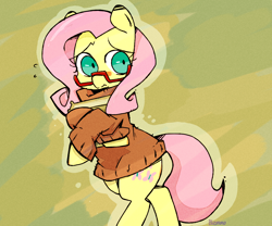 Size: 1200x1000 | Tagged: safe, artist:gmrqor, fluttershy, pegasus, pony, bipedal, bottomless, clothes, glasses, partial nudity, solo, sweatershy