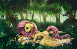 Size: 1200x776 | Tagged: safe, artist:viwrastupr, fluttershy, bird, butterfly, pegasus, pony, rabbit, squirrel, animal, floppy ears, forest, prone, solo, spread wings, underhoof