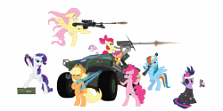 Size: 20000x10000 | Tagged: safe, artist:yognaughtsteve, derpibooru import, apple bloom, applejack, fluttershy, pinkie pie, rainbow dash, rarity, scootaloo, sweetie belle, twilight sparkle, earth pony, pegasus, pony, unicorn, absurd resolution, cutie mark crusaders, future twilight, gun, halo, handgun, machine gun, mane six, pistol, simple background, transparent background, weapon