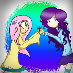 Size: 1000x1000 | Tagged: safe, artist:jayivee, fluttershy, rarity, human, humanized, looking at each other