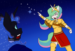 Size: 2338x1594 | Tagged: safe, artist:heroes-heaven, nightmare moon, princess celestia, princess luna, alicorn, anthro, friendship is magic, armor, big dipper, constellation, crossover, death omen star, hokuto no ken, sisters