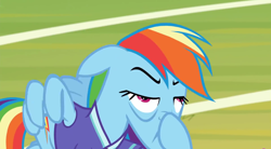 Size: 1920x1061 | Tagged: safe, derpibooru import, screencap, rainbow dash, pegasus, pony, the end in friend, clothes, funny face, jersey, rainbow dash is best facemaker, sports, unamused