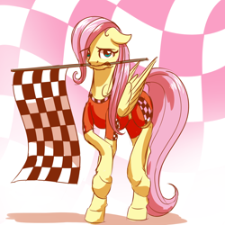 Size: 2000x2000 | Tagged: safe, artist:mykegreywolf, fluttershy, pegasus, pony, 30 minute art challenge, clothes, flag, floppy ears, hair over one eye, lanky fillyshy, mouth hold, race queen, solo, younger