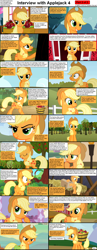 Size: 1282x3304 | Tagged: safe, applejack, earth pony, pony, comic:celestia's servant interview, apple, caption, comic, cs captions, female, floppy ears, interview, mare, scootaloo will show us games to play