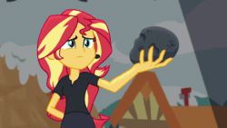 Size: 800x450 | Tagged: safe, screencap, sunset shimmer, better together, equestria girls, opening night, opening night: sunset shimmer, animated, coal, diamond, dramatic, female, how, school play, shrunken pupils, skull, solo