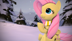 Size: 3840x2160 | Tagged: safe, artist:psfmer, fluttershy, pegasus, pony, 3d, clothes, scarf, snow, snowfall, solo, source filmmaker