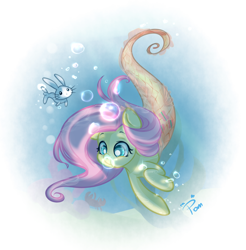 Size: 900x913 | Tagged: safe, artist:pomnoi, angel bunny, fluttershy, merpony, seabunny, solo, species swap, underwater, watershy