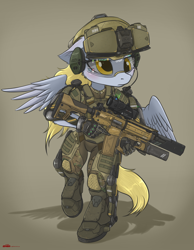 Size: 2158x2788 | Tagged: safe, artist:orang111, derpy hooves, anthro, pegasus, unguligrade anthro, armor, assault rifle, boots, boots on hooves, clothes, detailed, exosuit, female, grenade launcher, gun, headset, helmet, high res, hud, mare, operator, powered exoskeleton, railgun, rifle, shoes, solo, trigger discipline, visor, weapon, wings