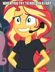 Size: 600x790 | Tagged: safe, edit, edited screencap, screencap, sunset shimmer, better together, equestria girls, opening night, image macro, implied farting, meme, solo