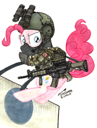 Size: 1376x1808 | Tagged: safe, artist:buckweiser, pinkie pie, earth pony, pony, ar15, balaclava, camouflage, clothes, eotech, gun, helmet, m4, magpul, military, night vision goggles, rappelling, rifle, sling, soldier, special forces, uniform, vest, weapon