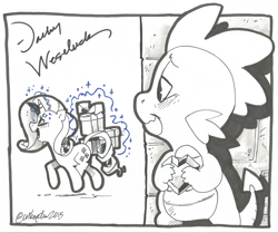 Size: 1948x1629 | Tagged: safe, artist:crikeydave, rarity, spike, dragon, pony, unicorn, cathy weseluck, female, fire ruby, magic, male, shipping, shopping, signature, sketch, sparity, straight, traditional art