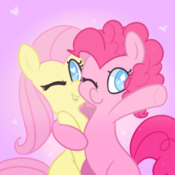 Size: 900x900 | Tagged: safe, artist:pegacornss, fluttershy, pinkie pie, earth pony, pegasus, pony, heart, heart eyes, hug, one eye closed, wingding eyes, wink