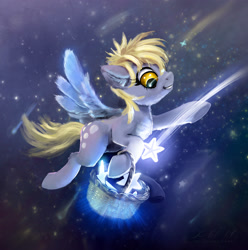 Size: 1724x1738 | Tagged: safe, artist:xbi, derpy hooves, pegasus, pony, basket, chest fluff, cute, derpabetes, female, flying, mare, shooting star, shooting stars, solo, stars, tabun art-battle finished after, tangible heavenly object
