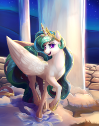 Size: 2000x2536 | Tagged: safe, artist:viwrastupr, princess celestia, alicorn, pony, cute, cutelestia, female, looking at you, mare, night, open mouth, pretty, raised hoof, smiling, solo