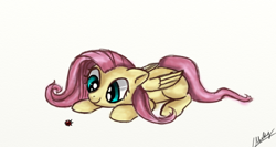 Size: 1000x533 | Tagged: safe, artist:xxmarkingxx, fluttershy, ladybug, pegasus, pony, floppy ears, prone, smiling, solo