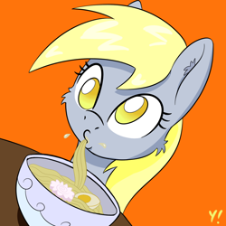 Size: 1000x1000 | Tagged: safe, artist:yakoshi, derpy hooves, pegasus, pony, cute, eating, female, food, mare, no pupils, noodles, ramen, slurp, solo